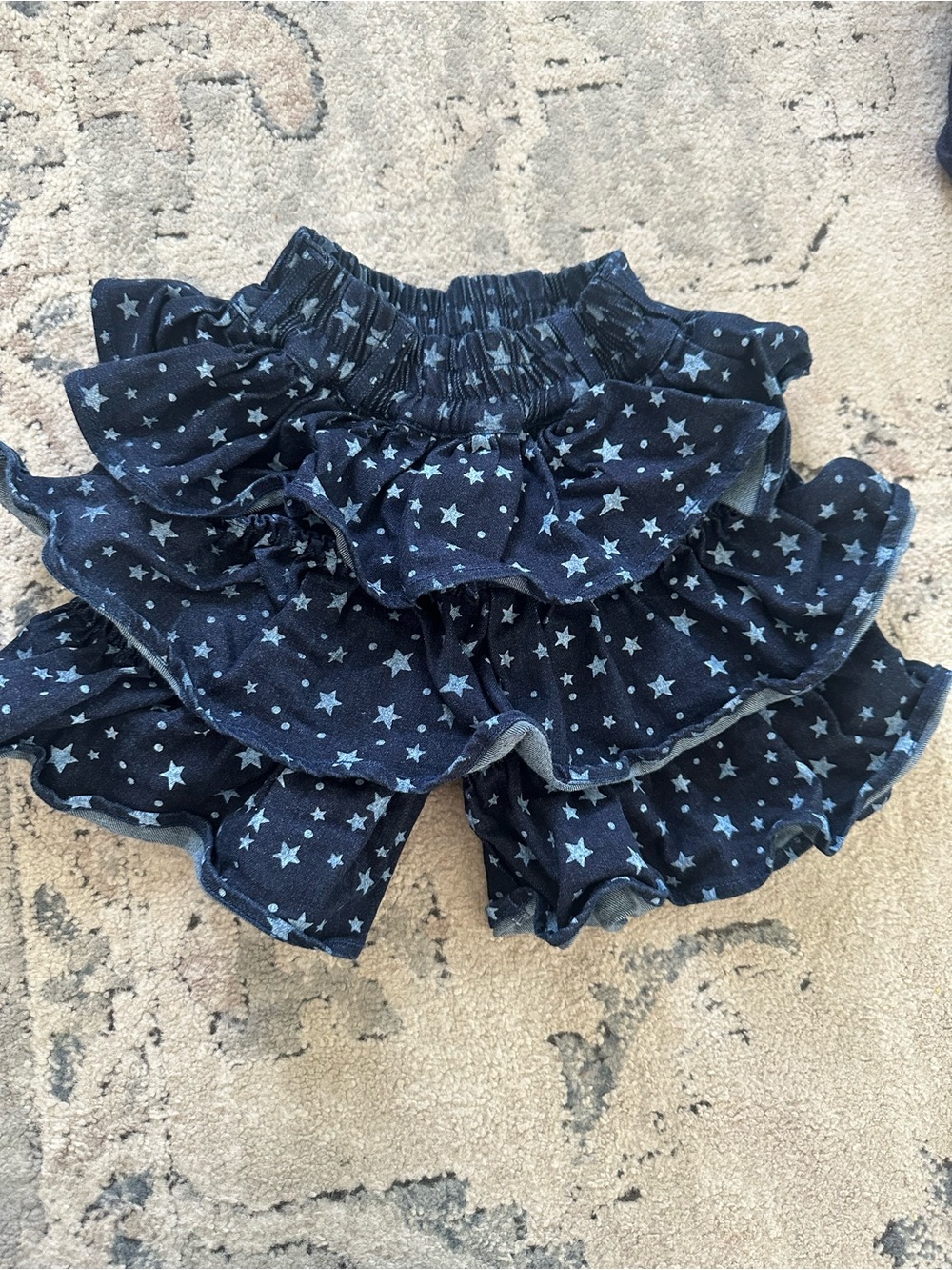 Girls Star-Print Denim Ruffle Short - Navy